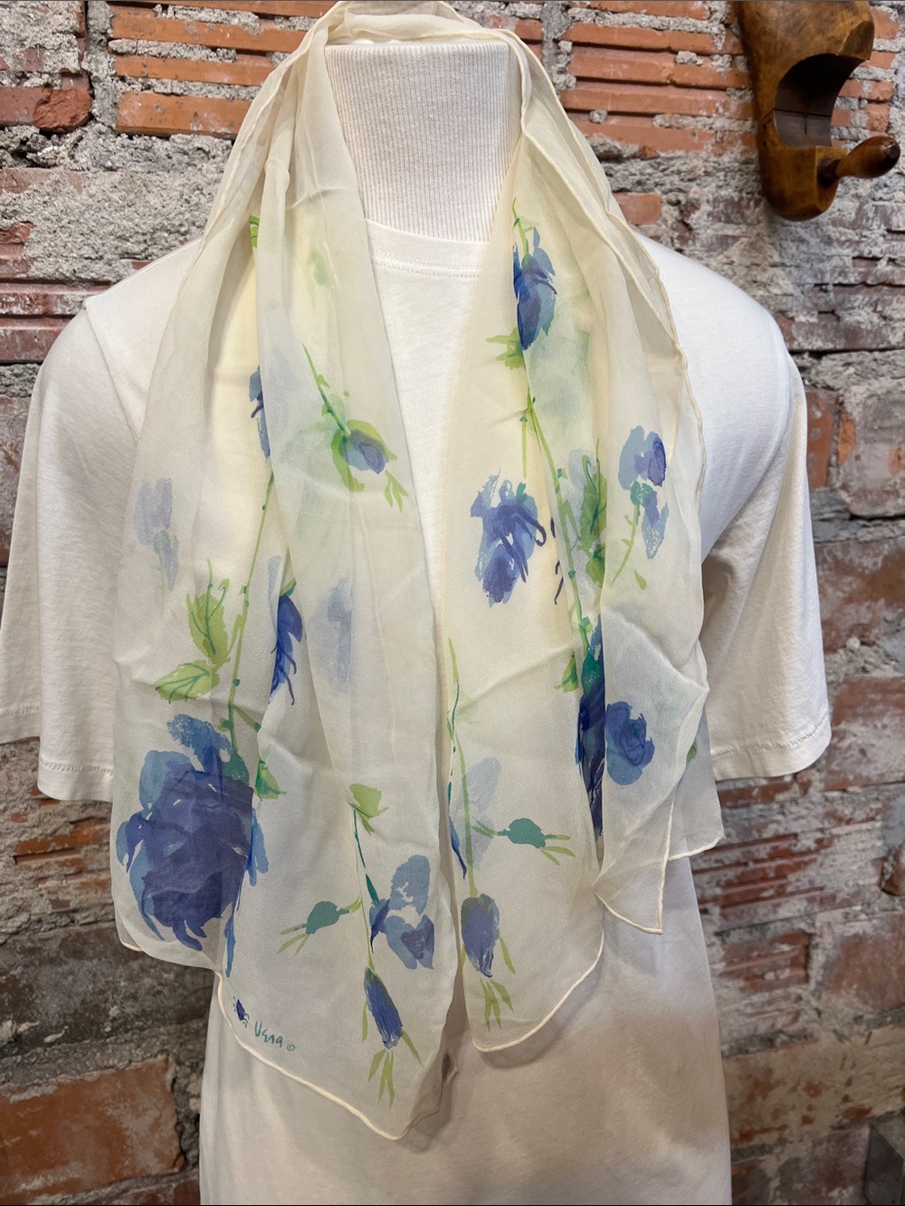 Vintage Vera Neumann Blue & Cream Roses Sheer Floral Oblong Scarf  43” X 14”